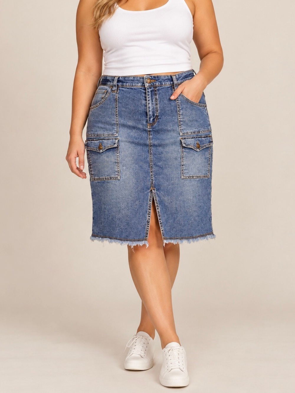 Faded Glory 18W Stretch Denim Skirt Front & Back Pockets Front Slit, Frayed Hems